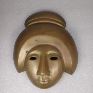 Vintage Messingguss Geisha Mädchen Maske 7,75" x 6,25" Gesicht Kopf FEHLENDER STÄNDER SIEHE HINWEISE - Bild 1 von 6