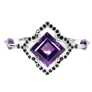 NATÜRLICHER RING QUADRATISCHER AMETHYST & SCHWARZER SPINELL 925 STERLINGSILBER 14 KWgp gr.6,5 - Bild 1 von 3