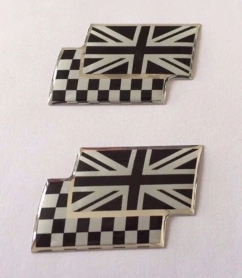 JAKEDESIGNS 2 x PEQUEÑAS 25mm UNION JACK/BANDERAS A CUADROS Pegatina/Calcomanía - GEL ABOVEDADO CROMADO/NEGRO