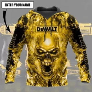 Personalisierter Dewalt schöne Werkzeuge gelb Feuer Flamme Totenkopf 3D Hoodie Größe S-5XL - Bild 1 von 2