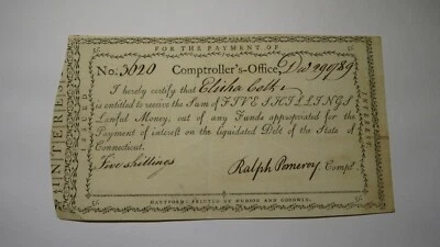 1789 5 Shillings Connecticut Comptroller Colonial Currency Note Ralph Pomeroy - Image 1 of 2