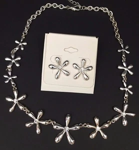 Floral Necklace and Earring Set Silvertone and Crystal 19 Inch Choker Pierced - Picture 1 of 5