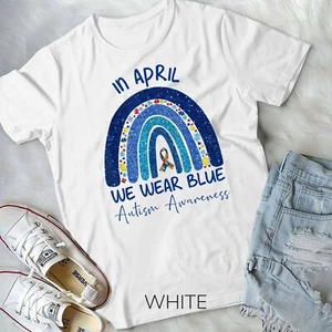 Rainbow Autism In April We Wear Blue Autism Awareness Month T-Shirt - Picture 1 of 11