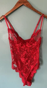 Vintage Faris Hi-Cut Red Lace Sheer Teddy Bodysuit Lingerie Size Medium Snap - Picture 1 of 8