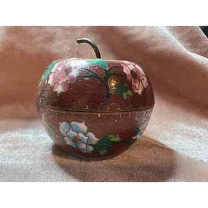Vtg Cloisonne Enamel Lidded Small Trinket Box Brown Hydrangea Apple 2" x 2" - Picture 1 of 11
