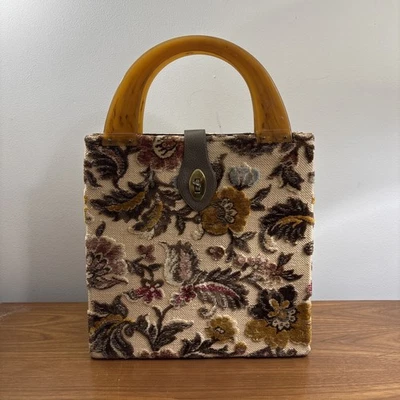 Vtg Tapestry Handbag Purse Lucite Handle Boho Retro - Image 1 of 4