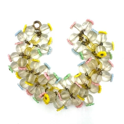 复古 Miriam Haskell 泡泡花手链 早期未签名 粉彩 花卉设计 — 第 1/4 张图片