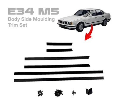 Door Body Side Moulding Trim Set 8 Pcs With Clips Black For BMW 1987-1996 E34 - Image 1 of 4