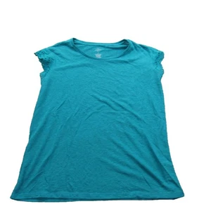St Johns Bay Shirt Womens Medium Teal Blue Eyelet Sleeve Linen Blend Lightweight - Picture 1 of 7