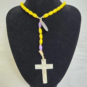 Rosary, Yellow/Pink, White Crucifix, Tan Thread - Picture 1 of 5