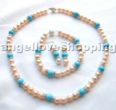 Rosa Agua Dulce Perla Redonda Azul Magnesita Collar Pulsera Pendientes Set Foto 1 de 2