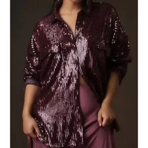 Pilcro Anthropologie Sequin Shirt Jacket Sparkly Top Burgundy Size M $158 NWT - Picture 1 of 7