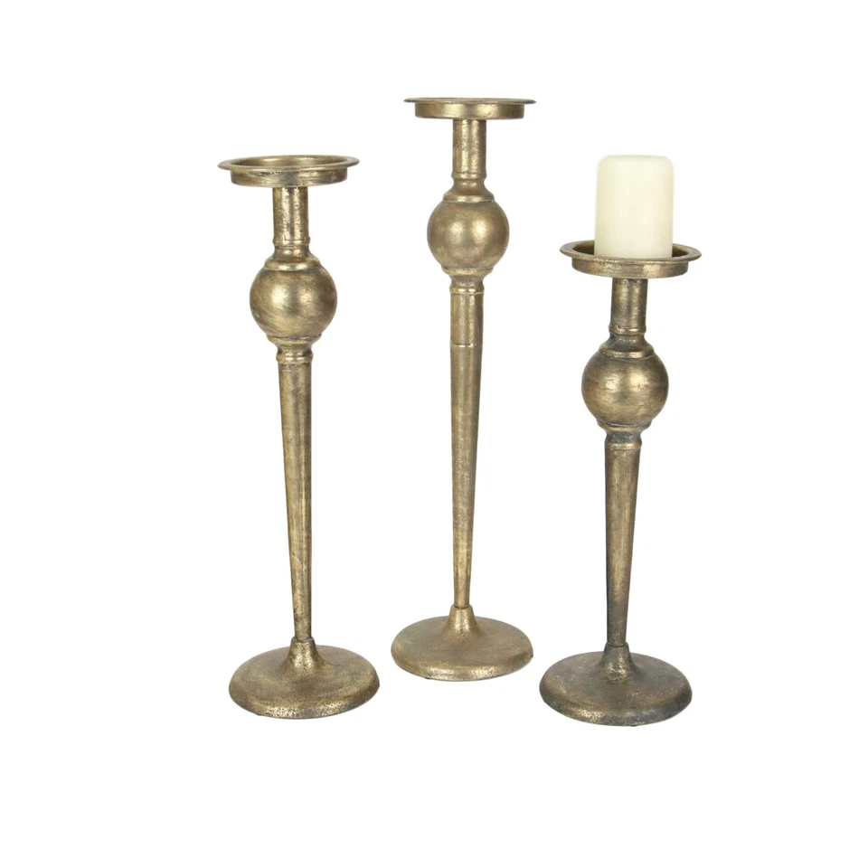 Vintage Style Tall Antiqued Brass Set 3 Candle Stick Round Base Gold Holder - Image 1 of 4