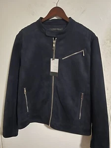 Zara Suede Bomber Motorcycle Jacket Dark Blue XL - Picture 1 of 3
