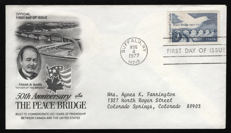 #1721 13c Peace Bridge, Art Craft-PCS FDC **ANY 5=FREE SHIPPING** - Image 1 of 1