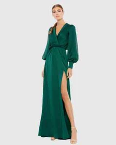 NEW, Mac Duggal Green Bishop Sleeve Faux Wrap Gown Size 4 #MD485 - Picture 1 of 8
