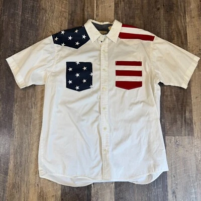 Red Head Mens Shirt L Collared Button Cotton USA Flag Patriotic 4th of July - Image 1 of 4