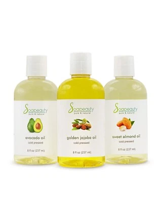 SOAPEAUTY 100% PURE natural GOLDEN JOJOBA OIL SWEET ALMOND OIL AVOCADO OIL 24 OZ(3 X 8 OZ)
