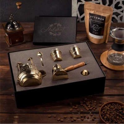 2 juegos de bandeja de latón, olla, 2 tazas, cuchara "juego de café turco" bonita caja de regalo Foto 1 de 4
