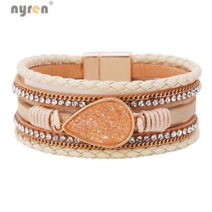 Leather Wrap Magnet Bracelet Waterdrop Charms Bracelet Multi Color Women 07156