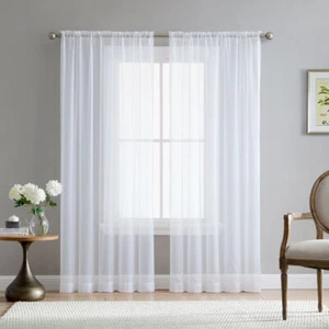 HLC.ME 2 Piece Sheer Voile Window Curtains Drapes Set with Rod Pocket - Picture 1 of 1