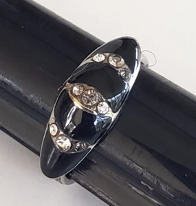 Vintage Clear Rhinestone Black Enamel Silver Tone Ring Size 6.5 Adjustable - Picture 1 of 11