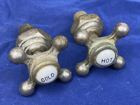 Pair C.1930 FAUCET Handles, Hot & Cold Porcelain Caps, Nickel Plated Brass Cover