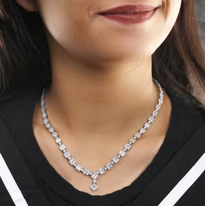 7.07 Ct Lab Grown CVD Baguette Diamond Wedding Necklace 14k White Solid Gold - Picture 1 of 9