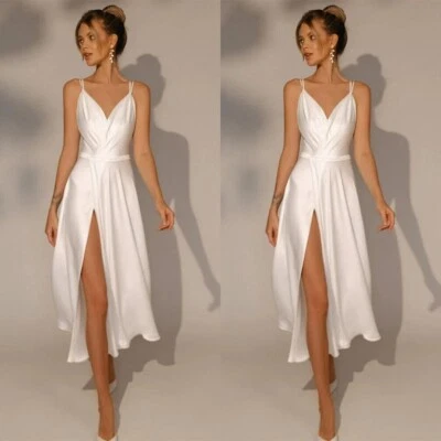 Vestidos de novia cortos boho cuello en V tirantes de espagueti abertura lateral satinado vestidos de novia Foto 1 de 4