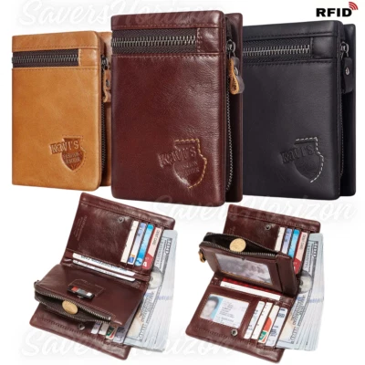 KAVI'S RFID Blocking Mens Bifold Trifold Real Leather Card Holder Wallet Zip Coin Purse