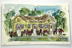 Yellow House With Patio Noel Skiba Miniature Watercolor Painting 3x5” Fine Art - Picture 1 of 9