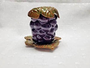 Vintage Handpainted Ceramic Grape Jam Jelly Jar w/ Leaf Lid, Underplate - Picture 1 of 10