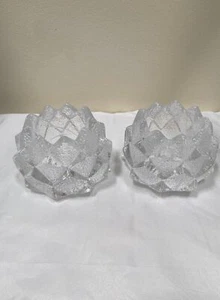 2er Set Orrefors Schweden Kunst Glas Kristall Artischocke Teelicht Kerzenhalter - Bild 1 von 7