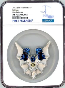 DC COMICS BATMAN Shaped 5oz Silver $5 Silver Coin 2022 Barbados NGC 70 FR - Picture 1 of 8