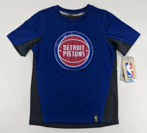 Detroit Pistons NBA Kids Shirt Blue Black Color Block Dri Tek Crew Neck Sz M 5/6 Cover
