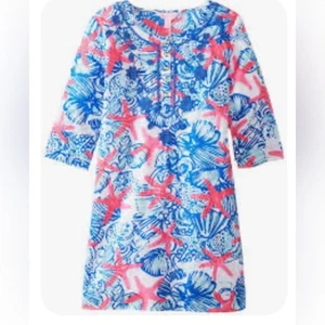 Lilly Pulitzer girl swim cover tunic dress 3/4 sleeve Pink Blue Starfish Dress M - Picture 1 of 6