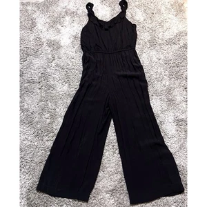 LOFT Jumpsuit Womens L Black Sleeveless Ruffle Neck Wide Leg Pockets Lightweight - Picture 1 of 12