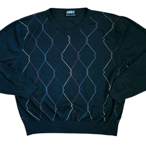 Mens Thin Preppy Sweater Argyle Black Pullover V-neck Bamboo Sz XL Y2K Rainbow - Picture 1 of 7