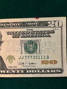 $20 Twenty Dollar Bill Fancy Serial - 2 Triples and 1 Pair Together + - Picture 1 of 3