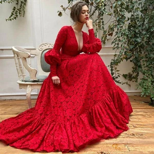 Abiti da sera di lusso con scollo a V maniche lunghe in pizzo a terra A-Line abiti da ballo - Foto 1 di 9