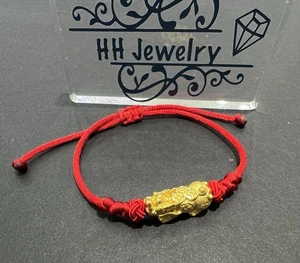 24K Yellow Gold Fu Dog, Pi Xiu Lucky Adjustable Bracelet With Red String Dragon - Picture 1 of 15