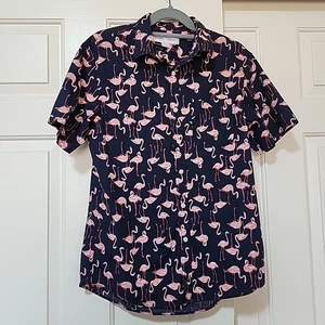 Old Navy Hemd Button Down Flamingo Print Kurzarm Herren schwarz Größe M - Bild 1 von 8