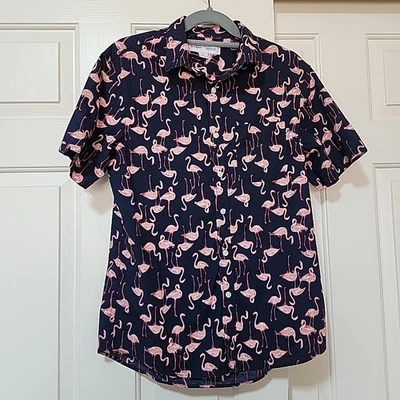 Old Navy Shirt Button Down Flamingo Print Short Sleeve  Men's Black Size Med - Image 1 of 4
