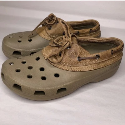 Crocs Islander Pitcrew Boat Shoe Clogs Khaki Leather Accents Men's 8 Women's 10 - Image 1 of 4