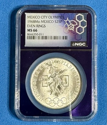 Mexico City Olympics 1968 MO Mexico S25p 1 OZ Even Rings Silver NGC MS 66 🔥🔥 - Image 1 of 2
