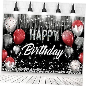 Red Silver Black Happy Birthday Party Backdrop Glitter Balloons 7x5ft - Picture 1 of 5