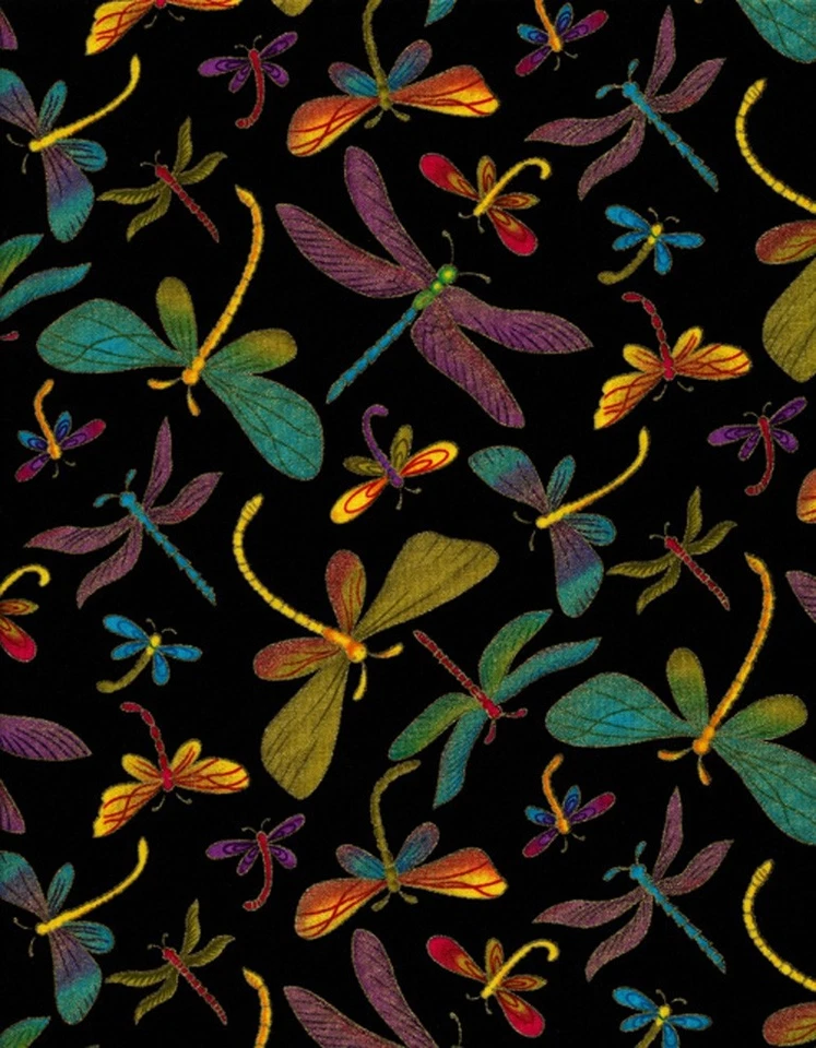 Animal Fabric - Metallic Dragonfly Toss Black - Timeless Treasures YARD - Image 1 of 1