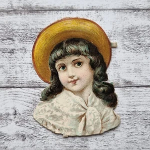 um 1900 Mädchen Kopf Locken braun Strohhut süß Victorian Glanzbild Ephemera alt - Bild 1 von 2
