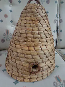 Large Vintage Rustic Bee Skep Beehive Coiled Straw with Wicker Straps - Picture 1 of 8