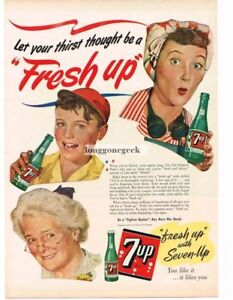 1944 7 UP Soda Grandmother Young Boy Rosie Riveter Fresh Up Vintage Print Ad 